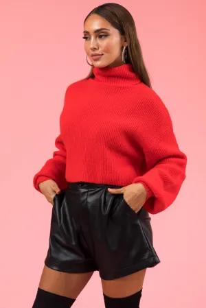 Scarlet Turtleneck Cropped Bubble Sleeve Sweater