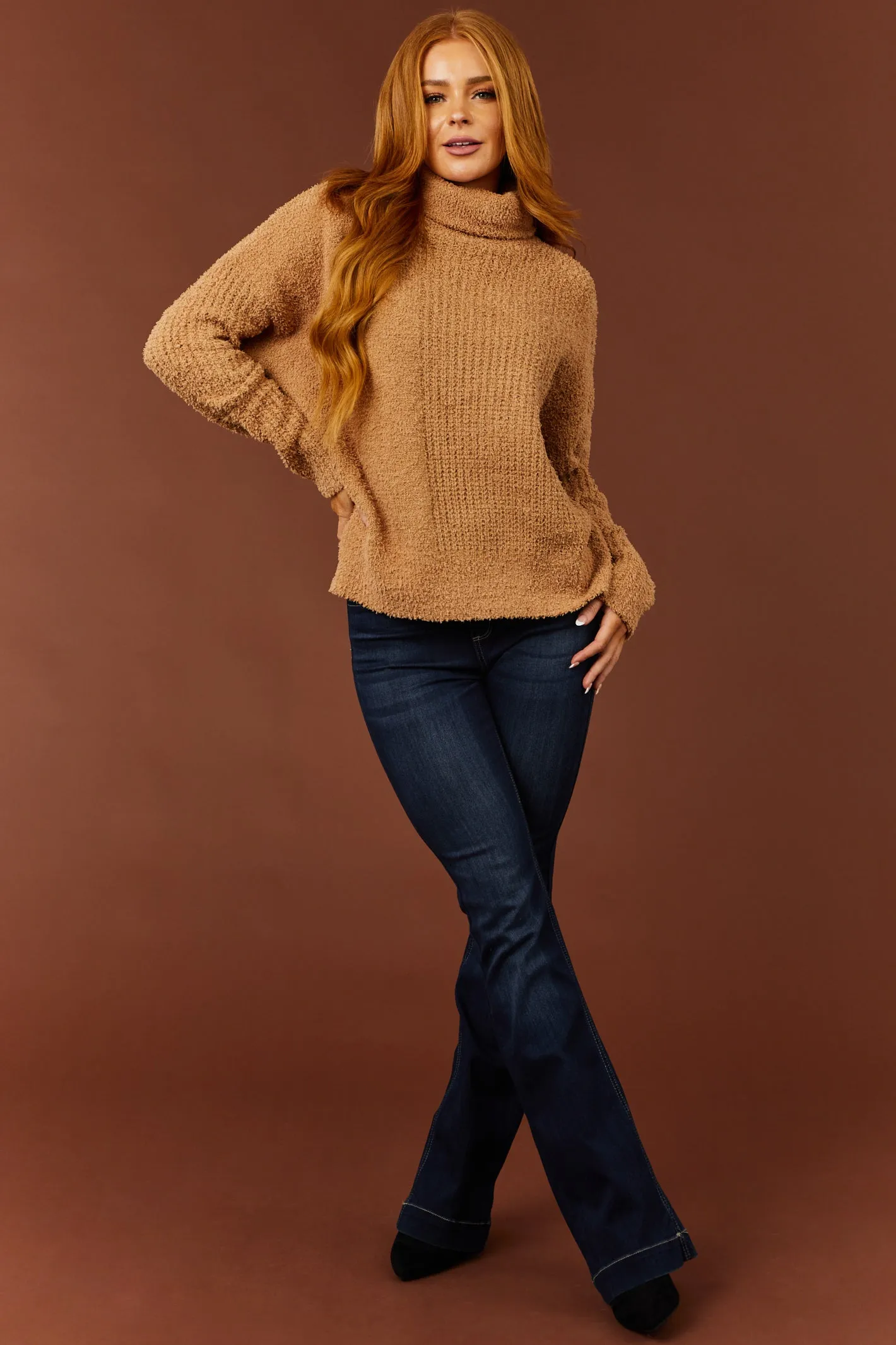 She Sky Brown Sugar Textured Long Sleeve Turtleneck Sweater