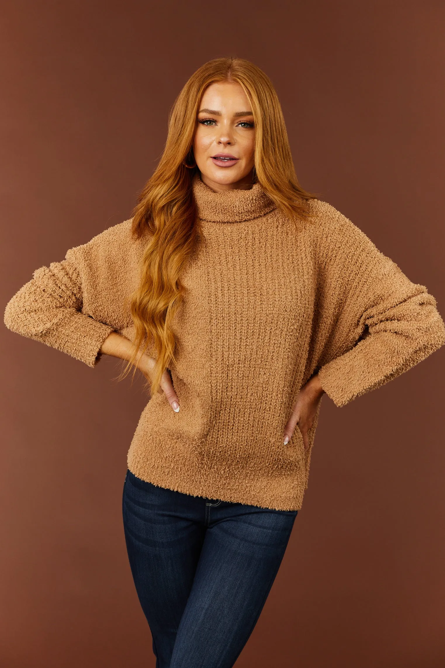 She Sky Brown Sugar Textured Long Sleeve Turtleneck Sweater