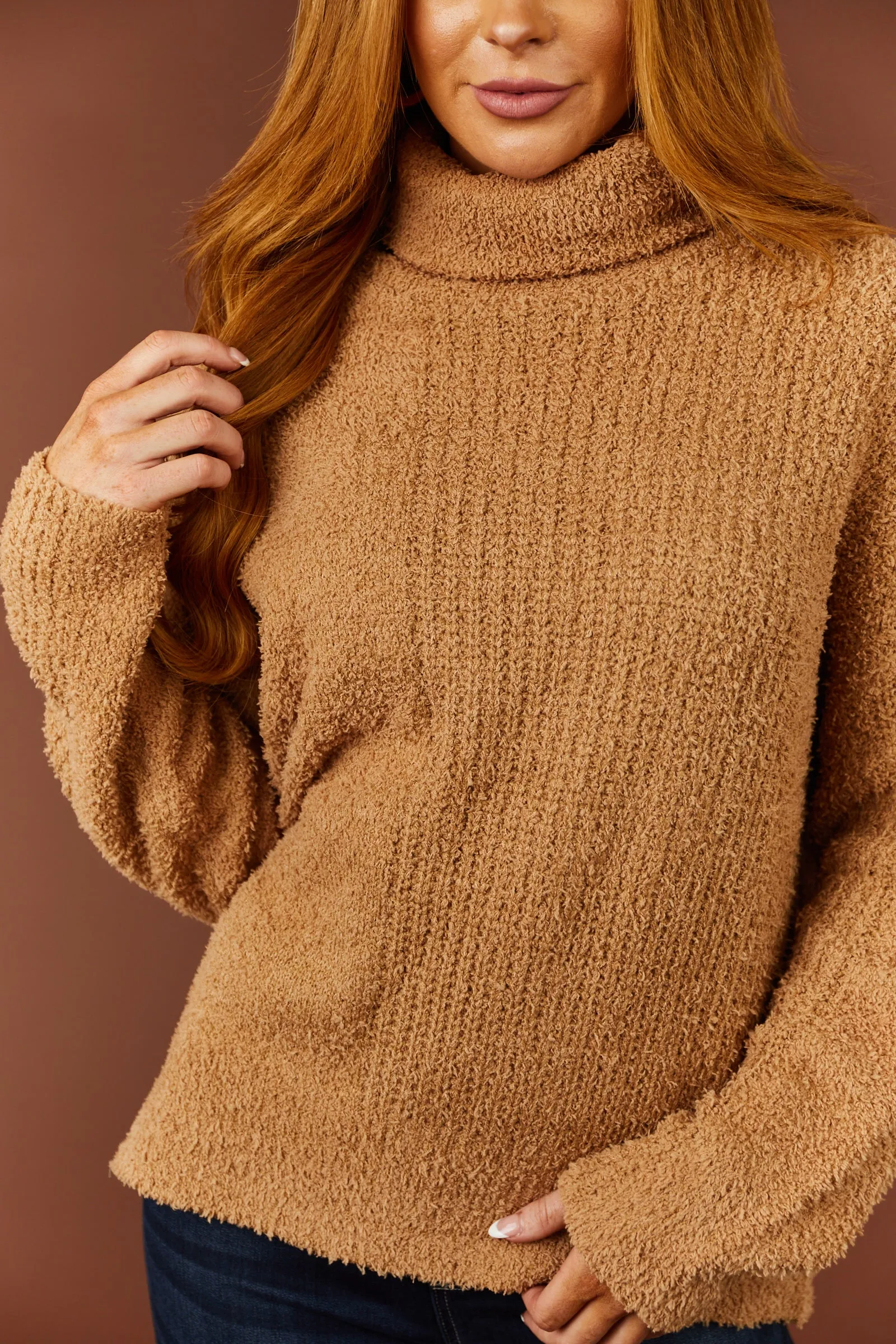 She Sky Brown Sugar Textured Long Sleeve Turtleneck Sweater