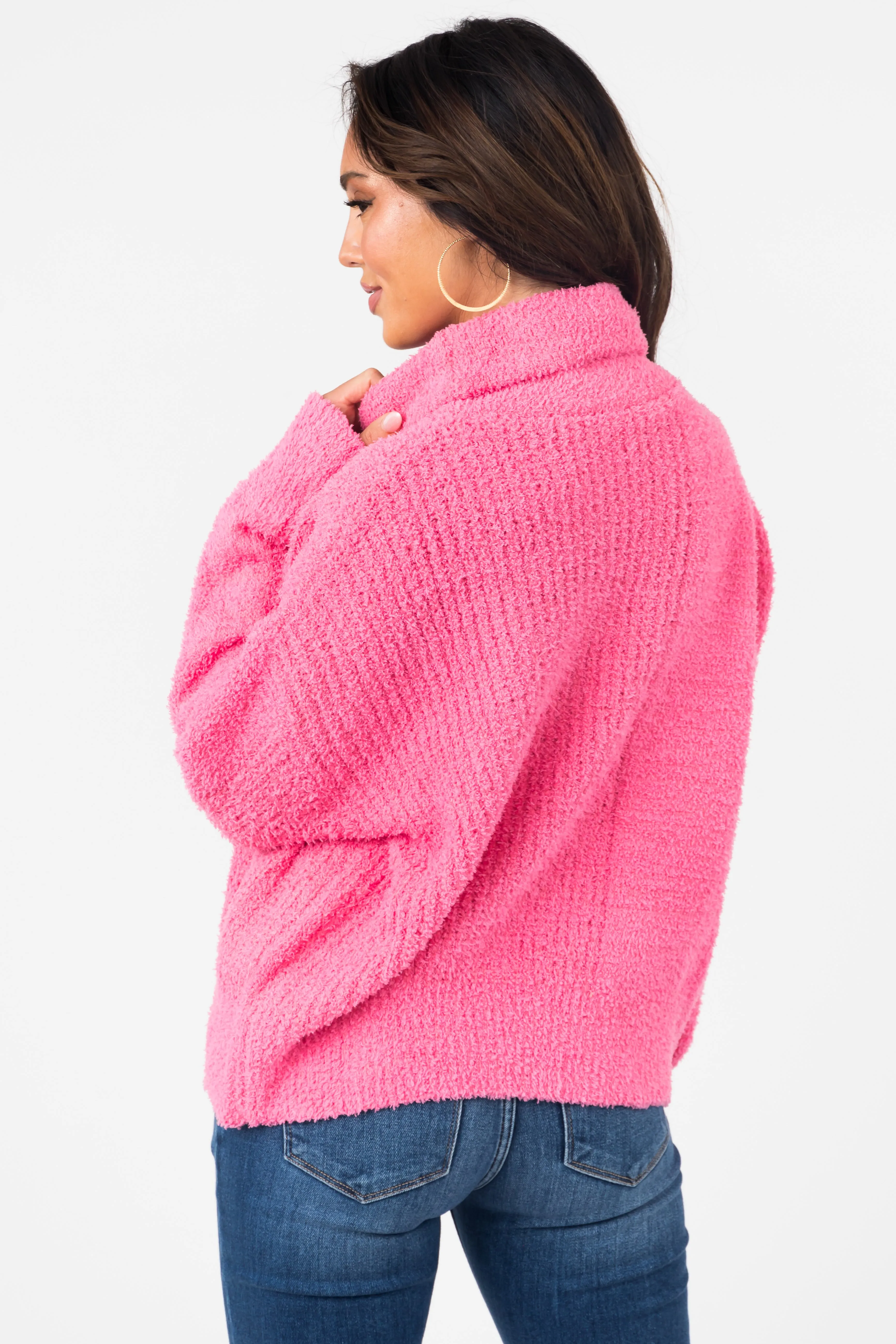 She Sky Punch Pink Textured Long Sleeve Turtleneck Sweater