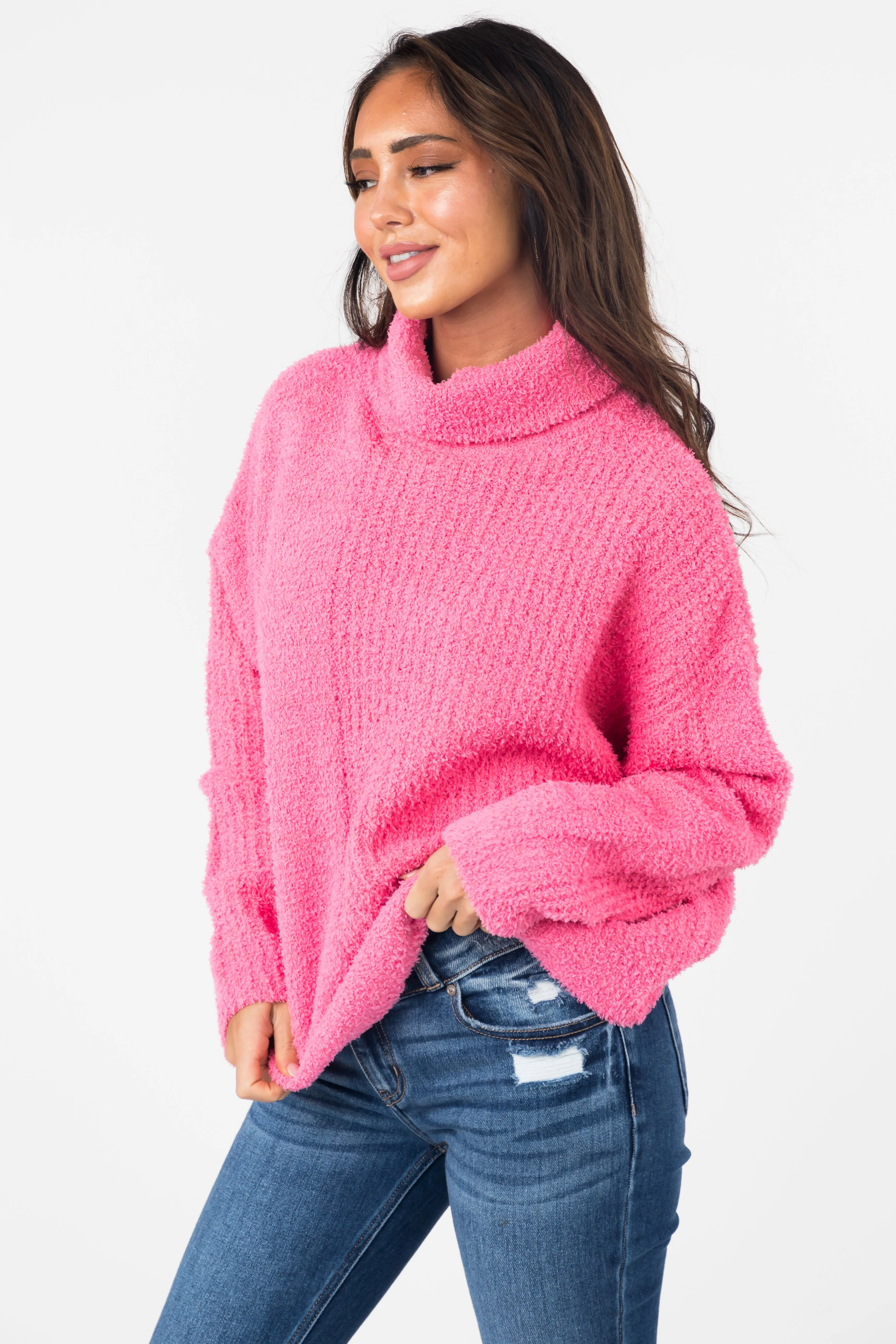 She Sky Punch Pink Textured Long Sleeve Turtleneck Sweater