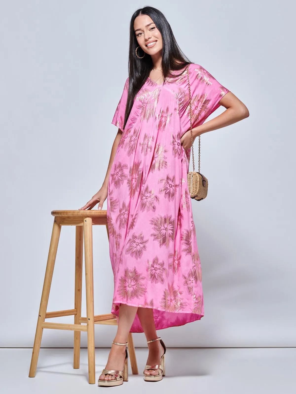 Short Sleeve Tunic Holiday Maxi Dress, Pink Abstract