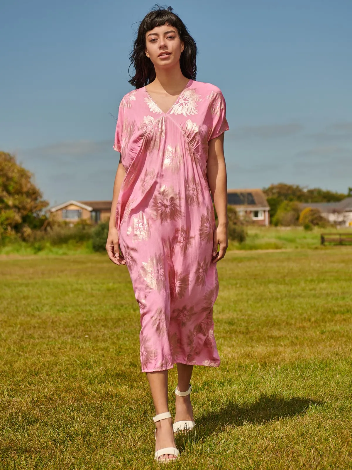 Short Sleeve Tunic Holiday Maxi Dress, Pink Abstract