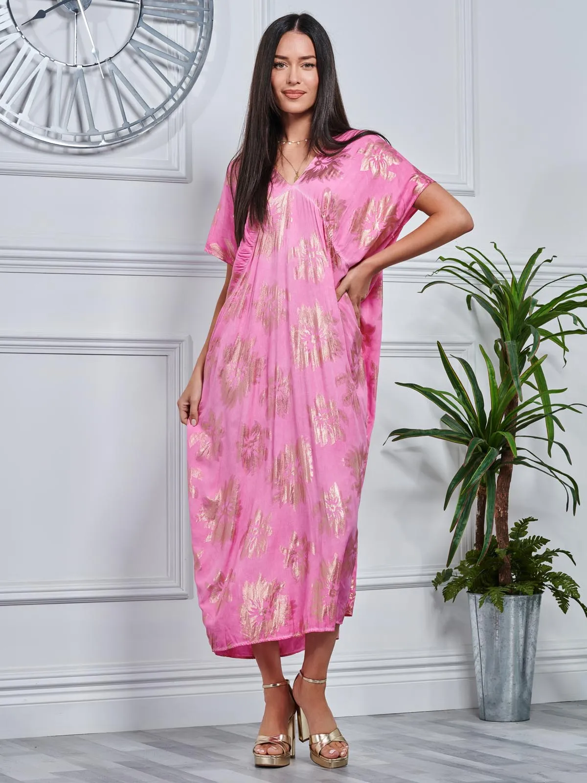 Short Sleeve Tunic Holiday Maxi Dress, Pink Abstract