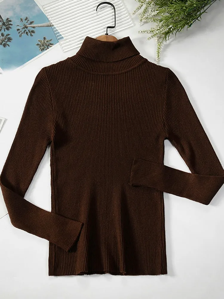 Simple Women Turtleneck Sweater Winter Fashion  Elastic Knit Ladies Jumper Casual