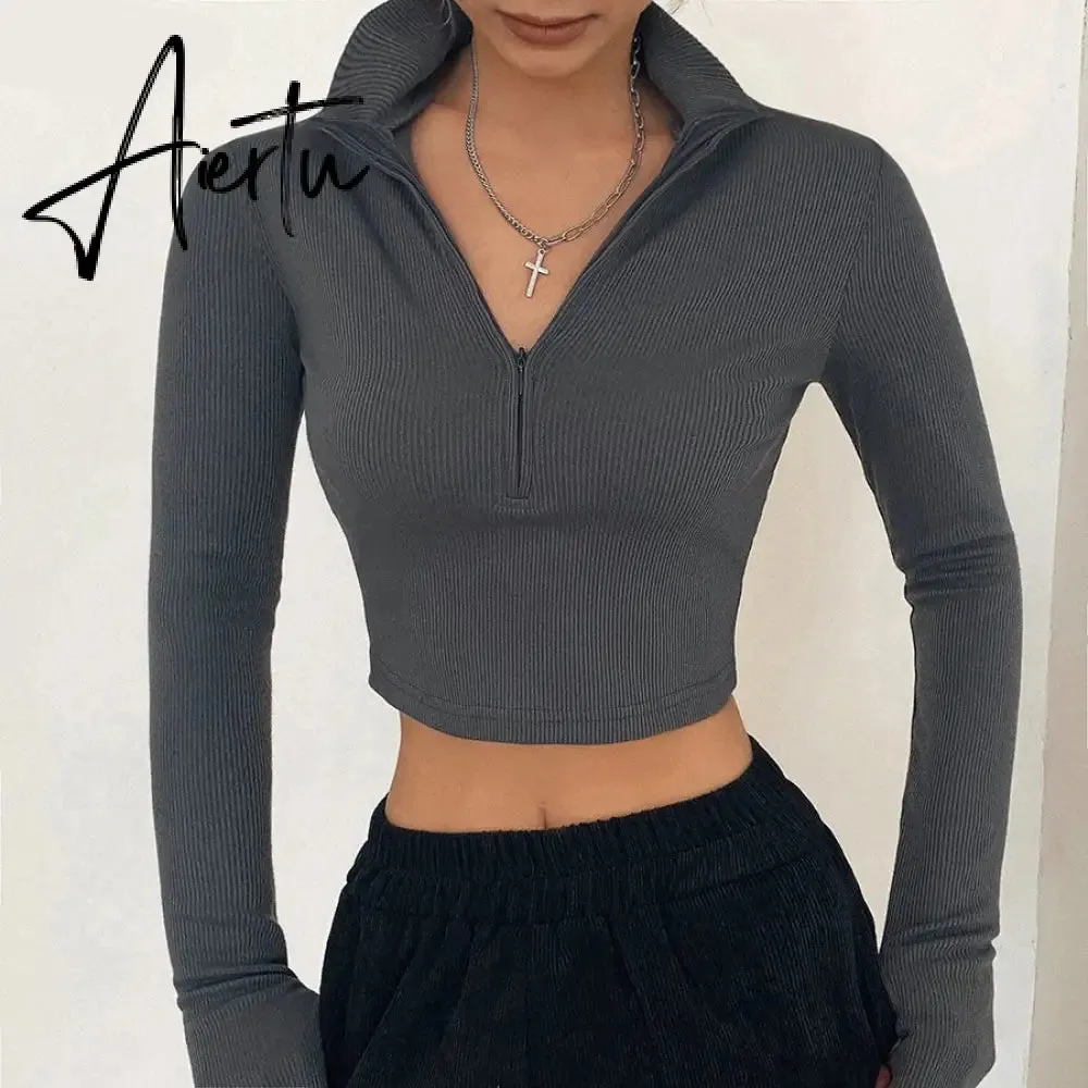 Solid color casual T-shirt women  long sleeves turtleneck crop tops sexy simple style party club spring summer new