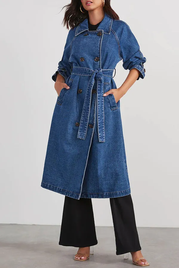 Solid Color Denim Double Pocket Button Down Midi Trench Coat