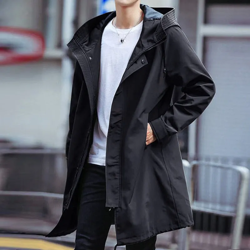 Spring Autumn Long Trench Coat Men Fashion Hooded Windbreaker Black Overcoat Casual Jackets Big Size 6XL 7XL 8XL