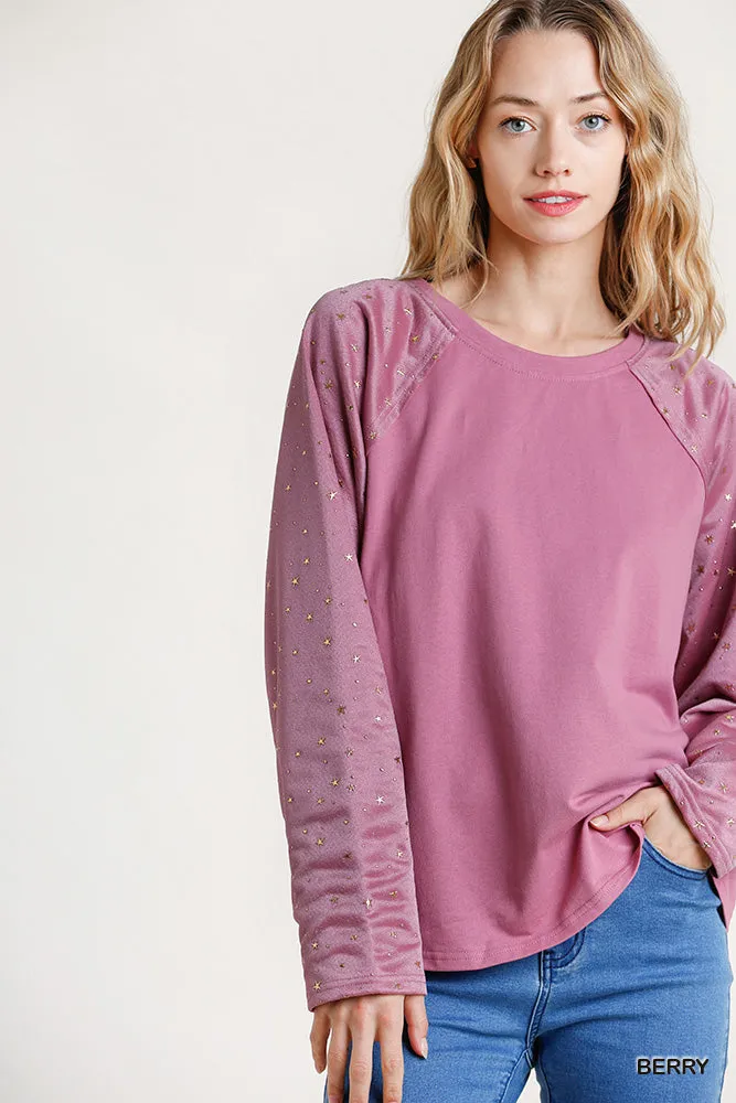 Star Layered Mesh Sleeve Top, Berry