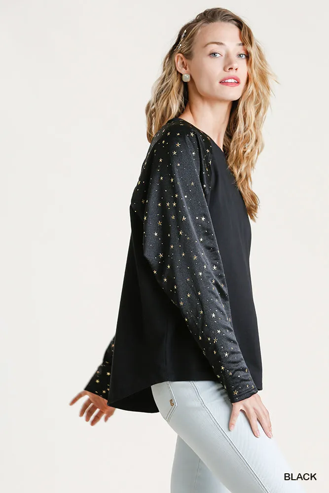 Star Layered Mesh Sleeve Top, Black