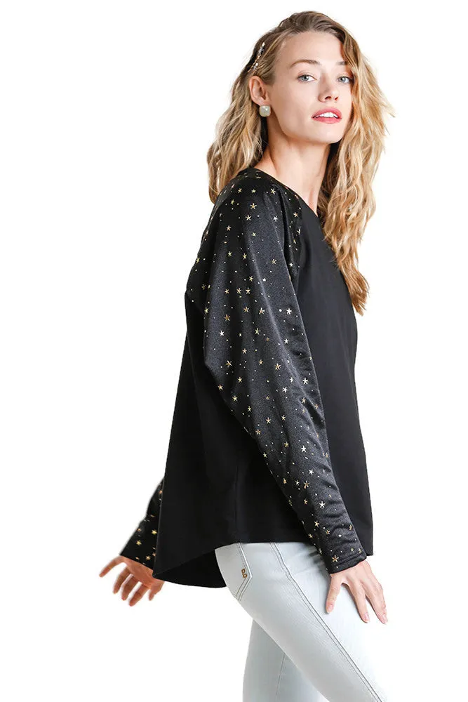 Star Layered Mesh Sleeve Top, Black