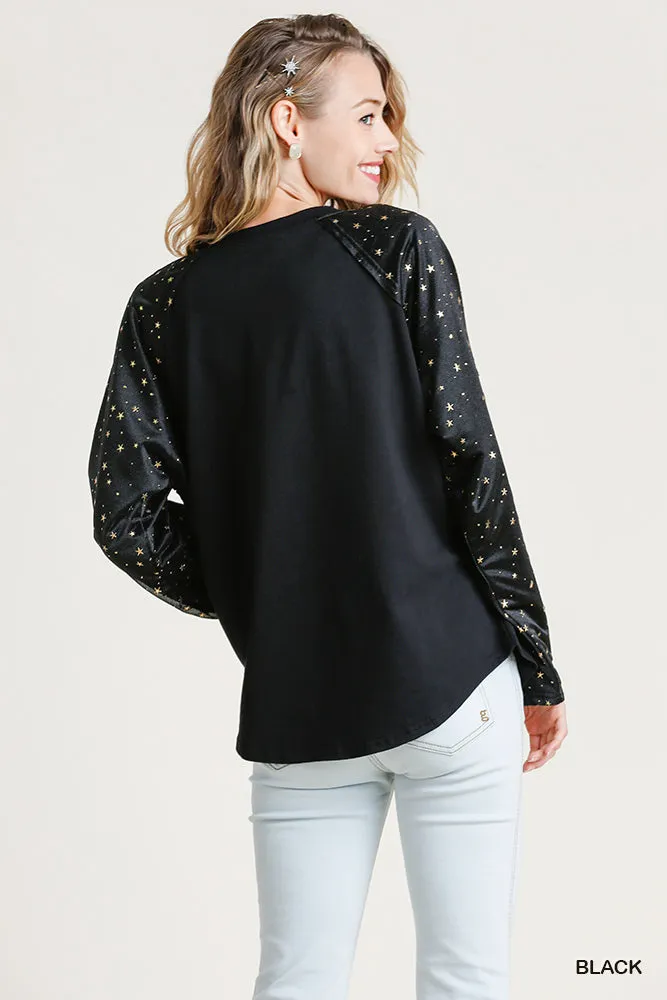 Star Layered Mesh Sleeve Top, Black