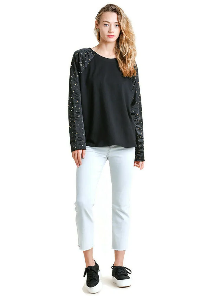 Star Layered Mesh Sleeve Top, Black