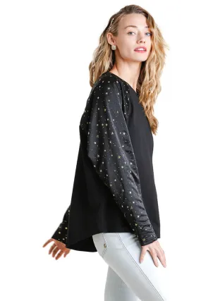 Star Layered Mesh Sleeve Top, Black