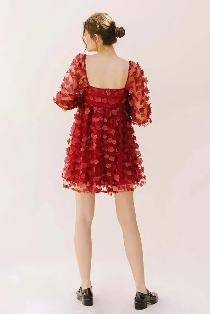 Storia Daisies Applique Baby Doll Mini Dress in Red Floral