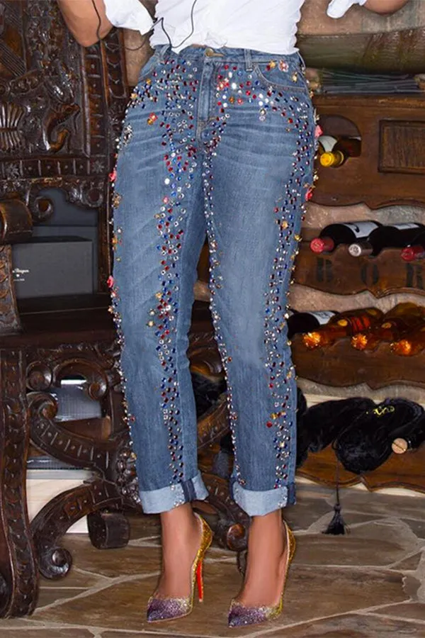 Stylish Bleach Wash Rhinestone Jeans