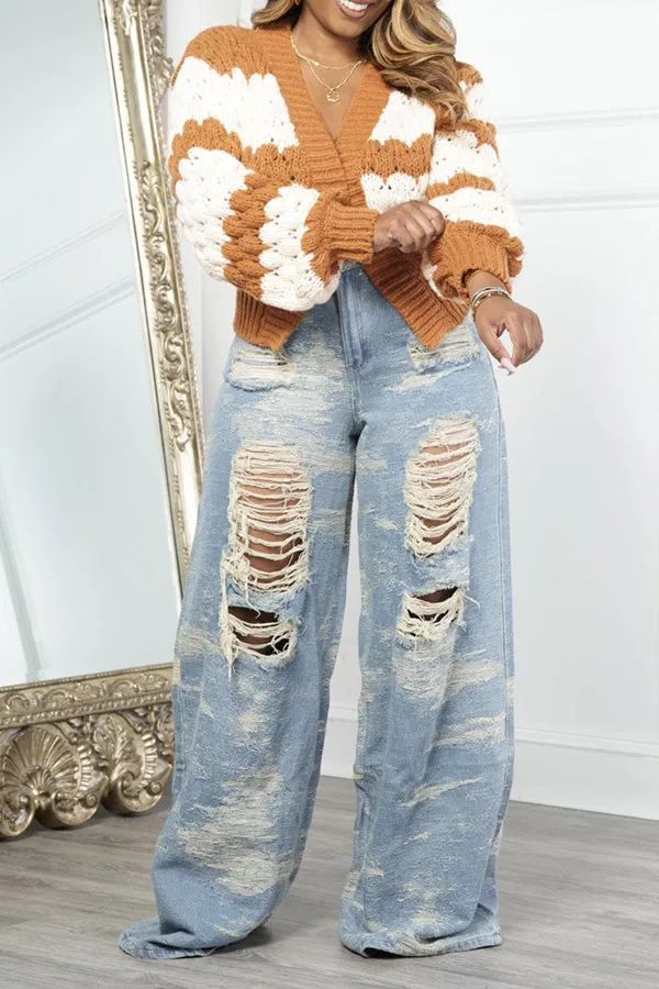 Stylish Distressed Ripped Wide Leg Jeans