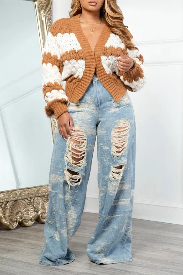 Stylish Distressed Ripped Wide Leg Jeans