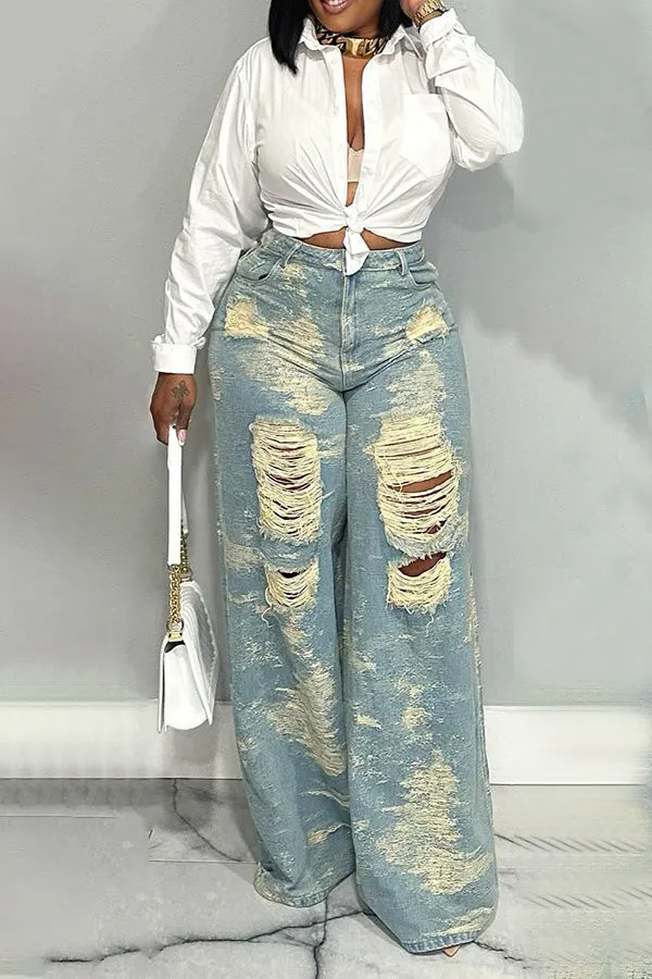 Stylish Distressed Ripped Wide Leg Jeans