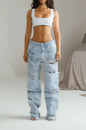 Stylish Patchwork Ripped Straight Leg Jeans