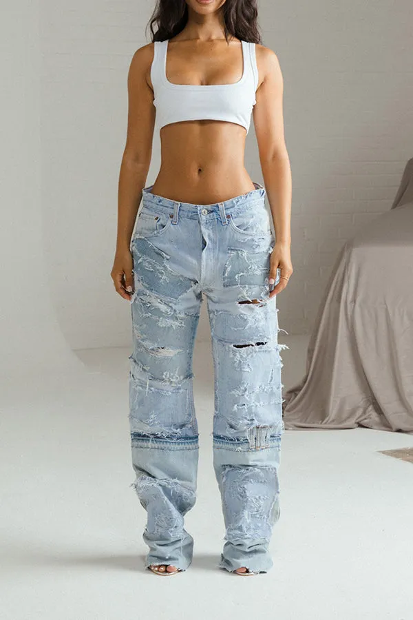 Stylish Patchwork Ripped Straight Leg Jeans