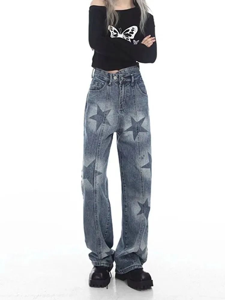 Stylish Star Pattern Baggy Loose Straight Hip Hop Denim Jeans for Summer