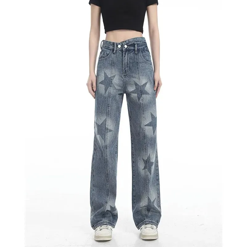 Stylish Star Pattern Baggy Loose Straight Hip Hop Denim Jeans for Summer