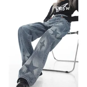 Stylish Star Pattern Baggy Loose Straight Hip Hop Denim Jeans for Summer