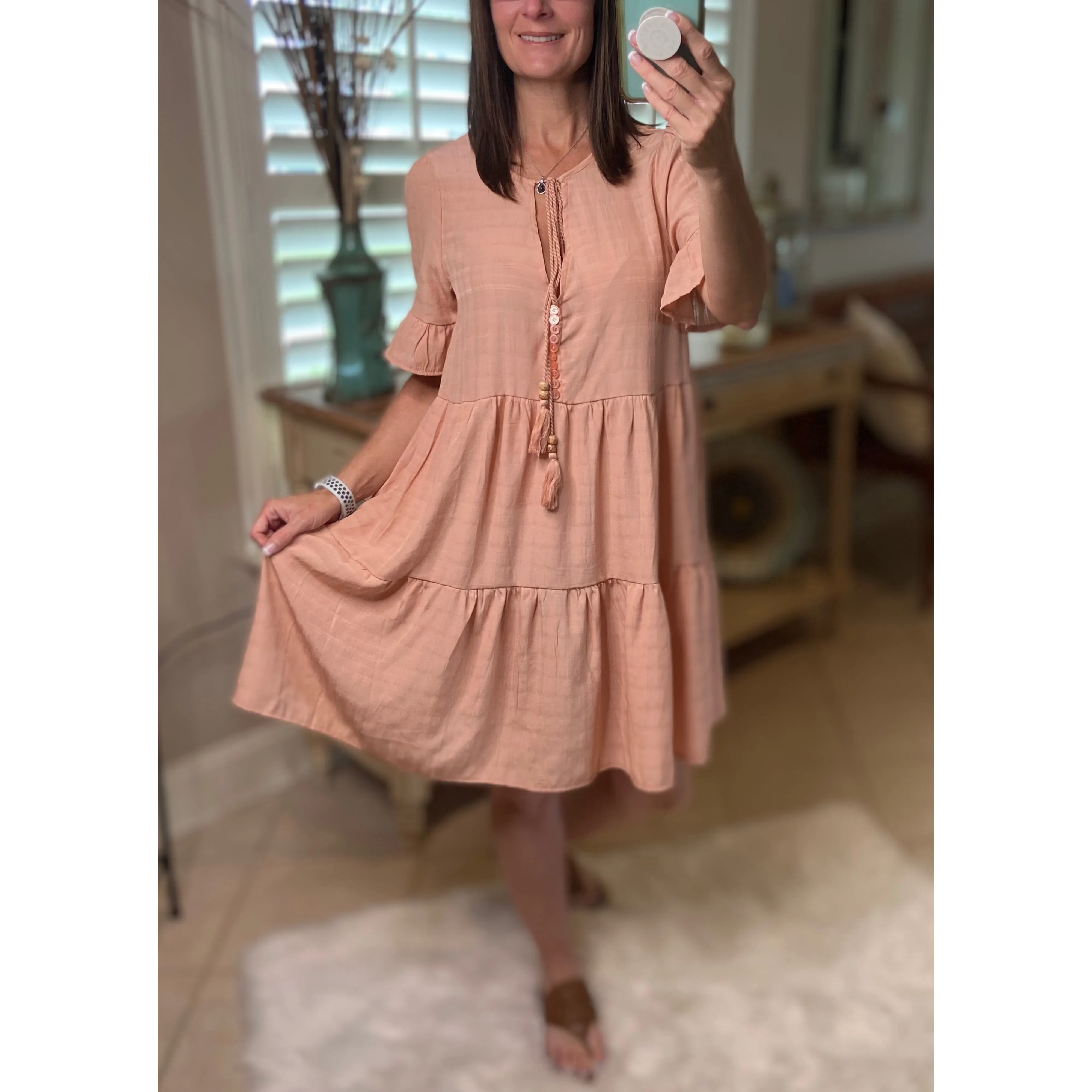 “Summer Breeze” Boho Tiered Striped V-Neck Tassel Ruffle Sleeve Babydoll Chic Dress Lagenlook Peach