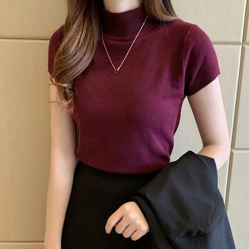 Summer Short Sleeve Knitted Turtleneck Tops for Women