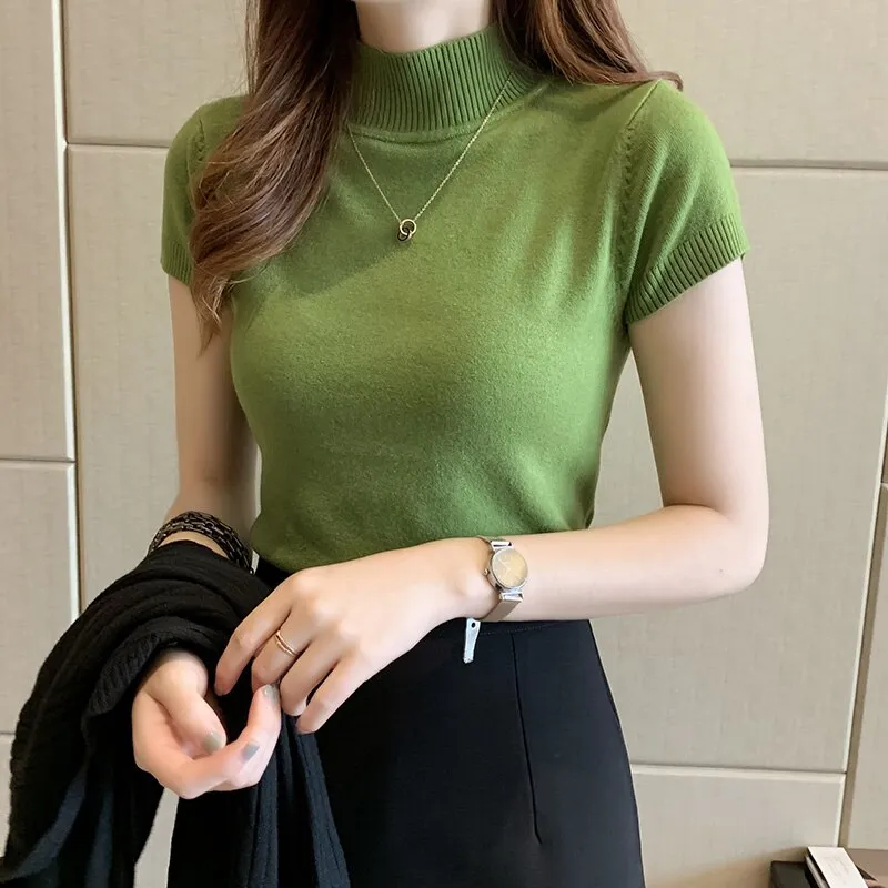 Summer Short Sleeve Knitted Turtleneck Tops for Women