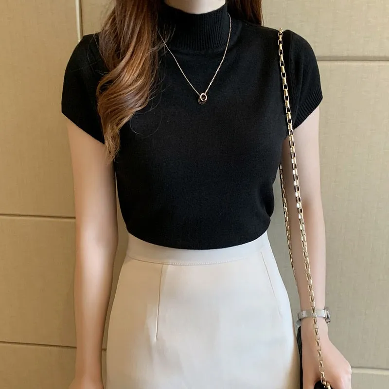 Summer Short Sleeve Knitted Turtleneck Tops for Women