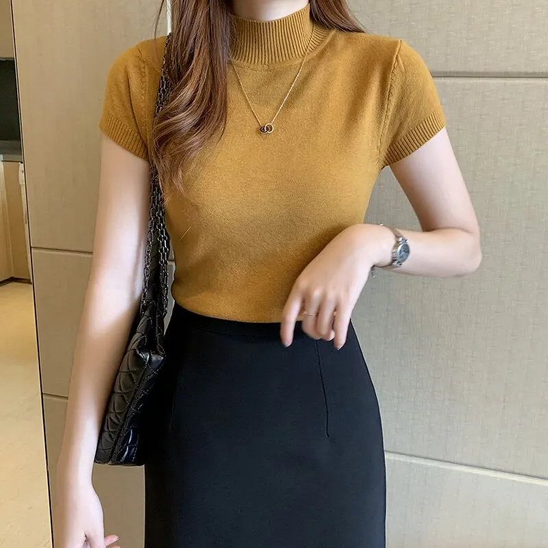 Summer Short Sleeve Knitted Turtleneck Tops for Women