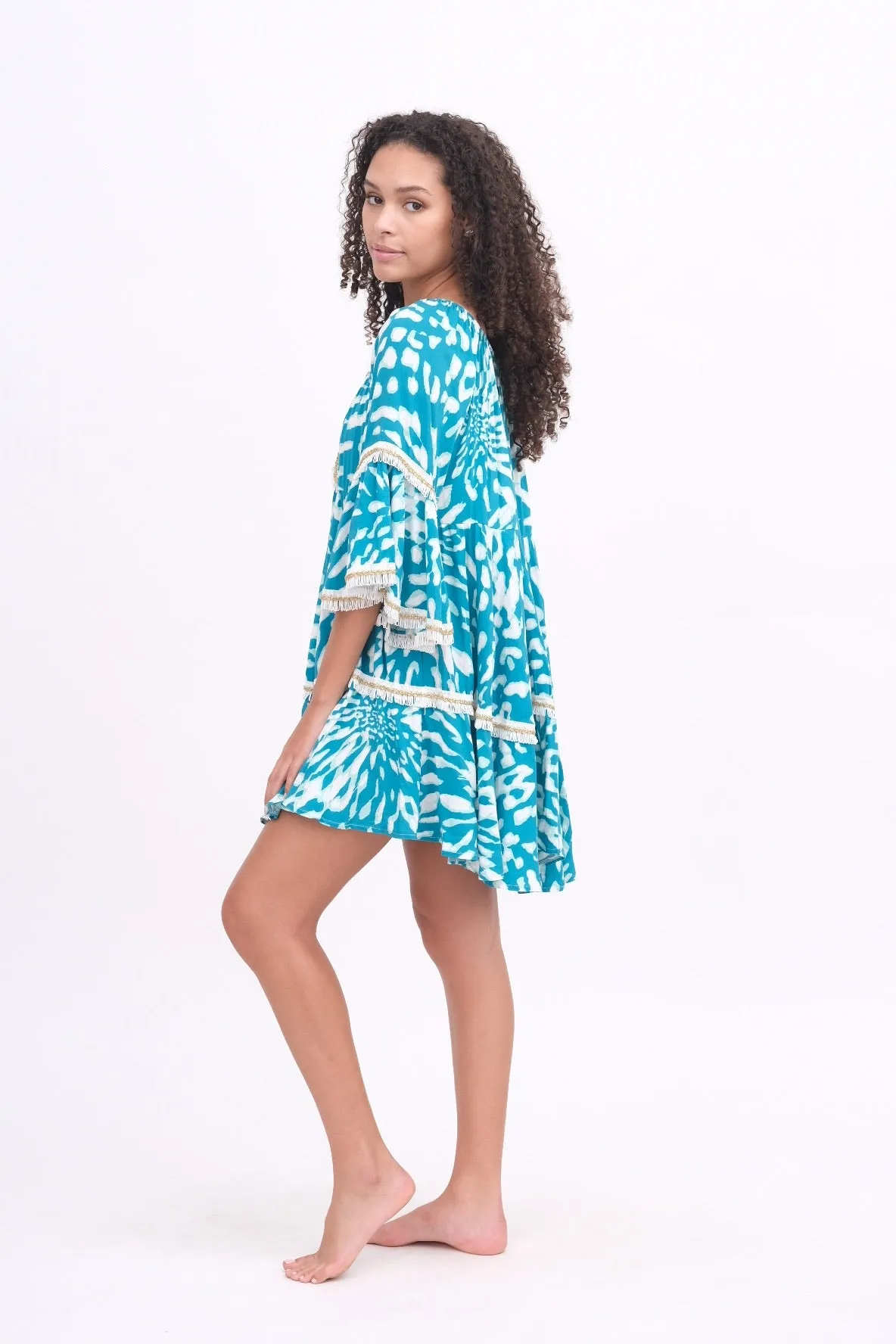 Teal & White Fringe Cover Up Dress