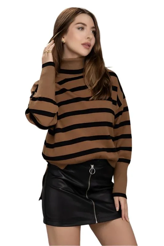 TEEK - Brown Stripe Turtleneck Knit Sweater