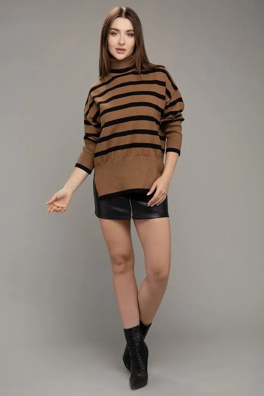 TEEK - Brown Stripe Turtleneck Knit Sweater