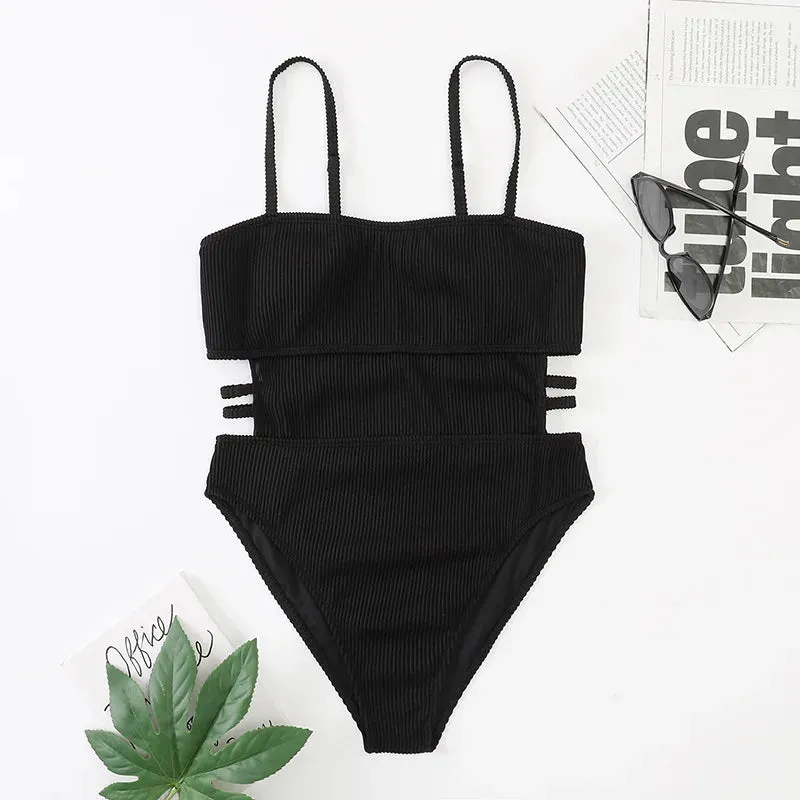 Trendy Ribbed Cut-Out Monokini for Beach & Pool