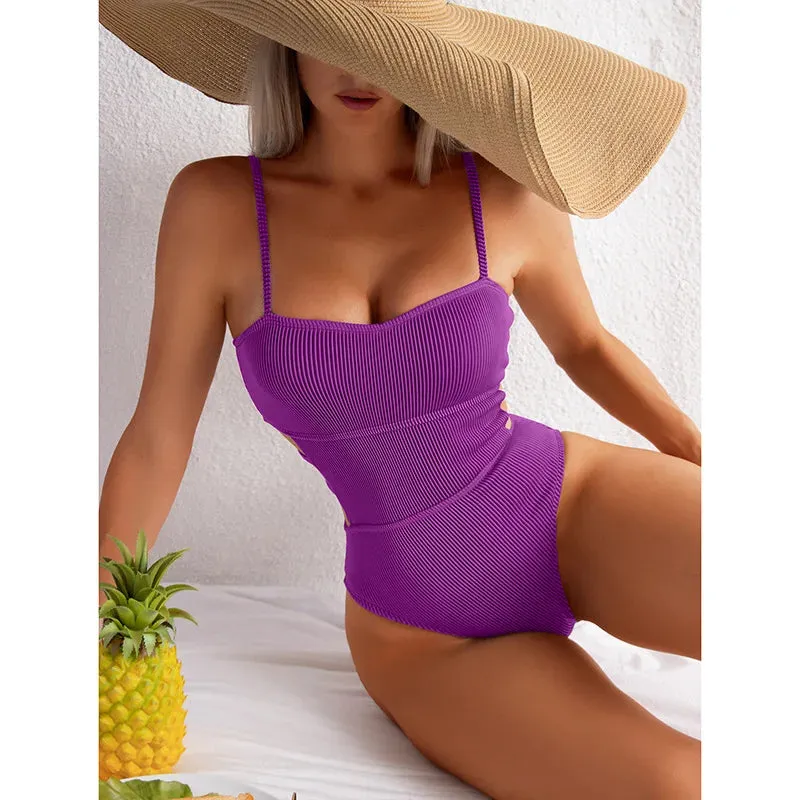 Trendy Ribbed Cut-Out Monokini for Beach & Pool