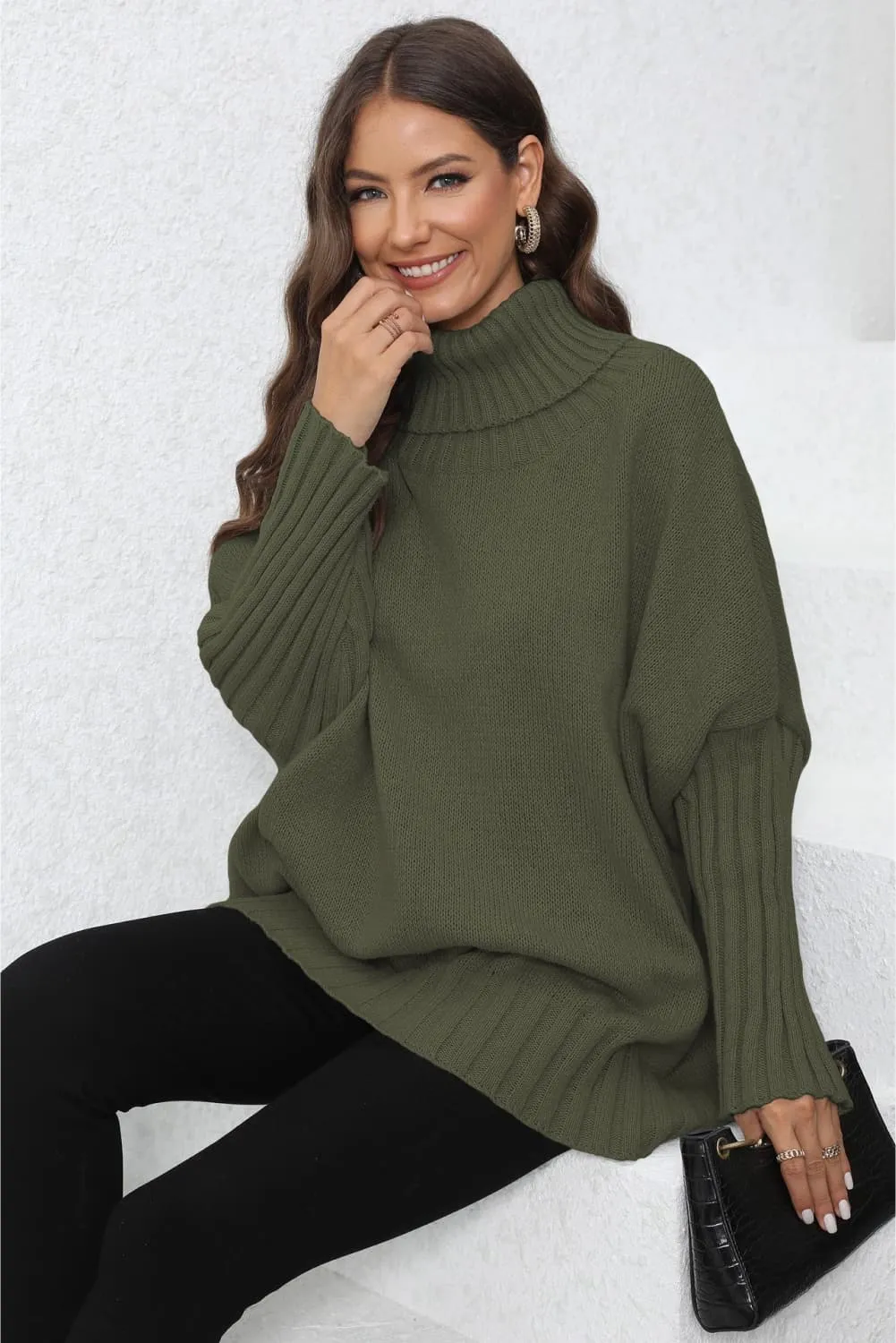 Turtle Neck Long Sleeve Ribbed Sweater