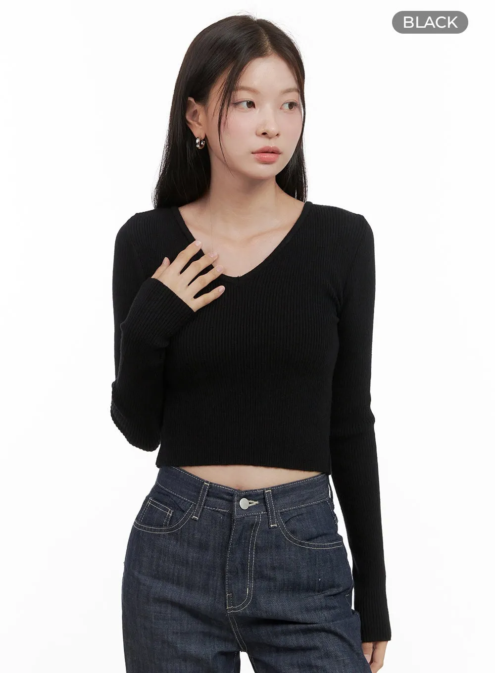 V-Neck Slim Crop Long Sleeve Top OG416