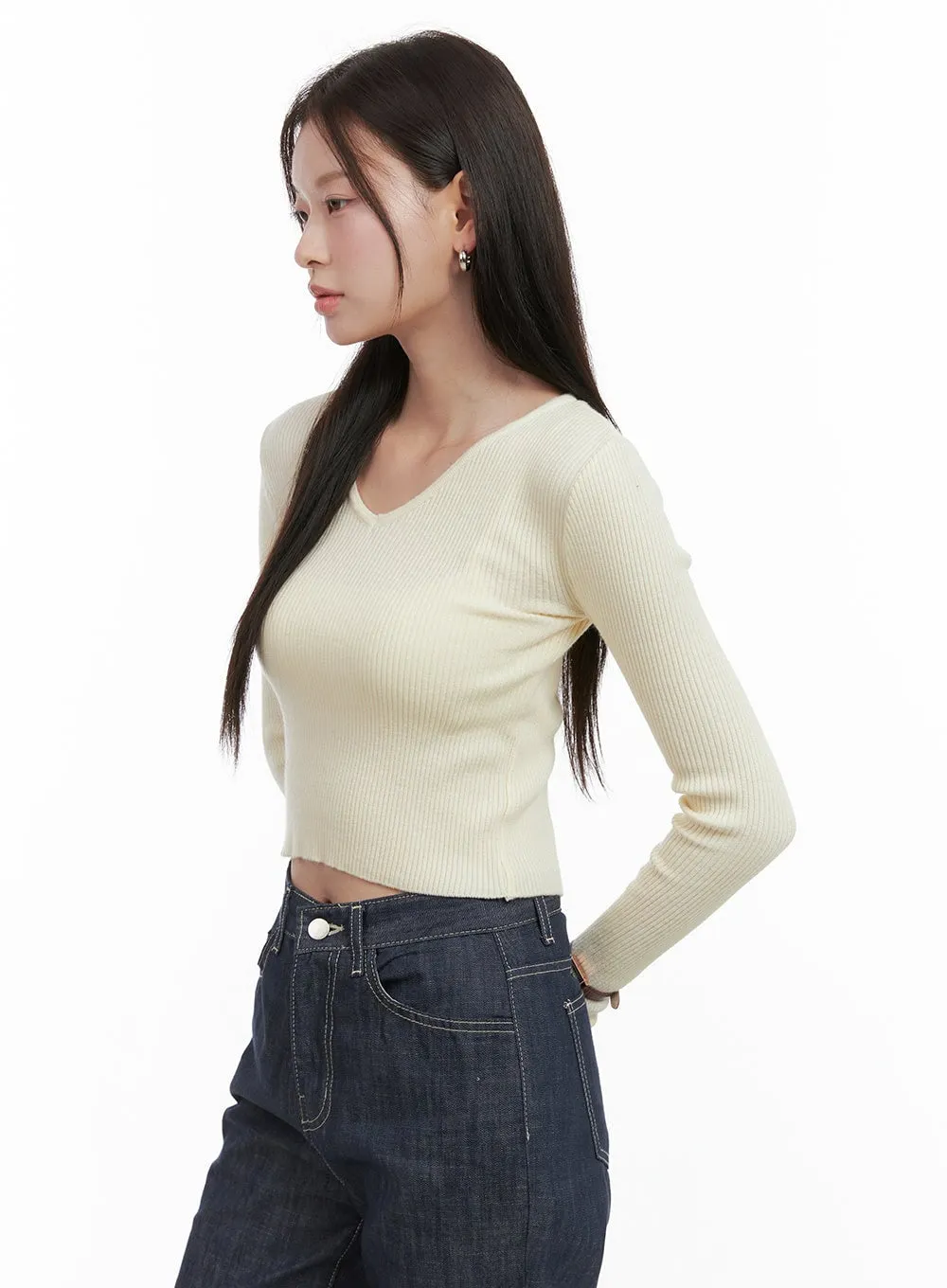 V-Neck Slim Crop Long Sleeve Top OG416