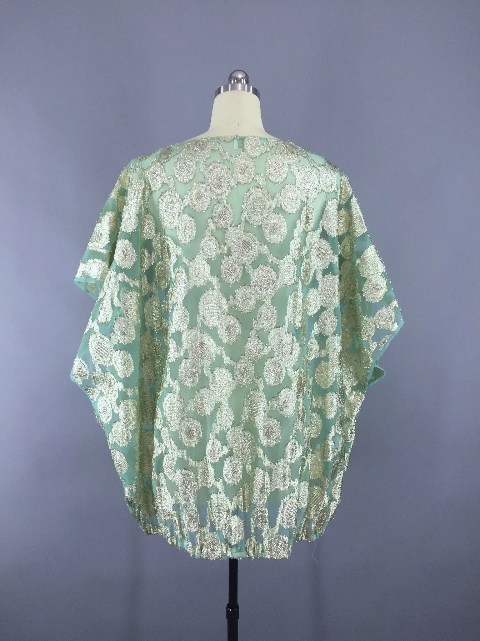 Vintage 1960s Mint Green Chiffon Gold Lame Caftan Tunic size XXXL Plus