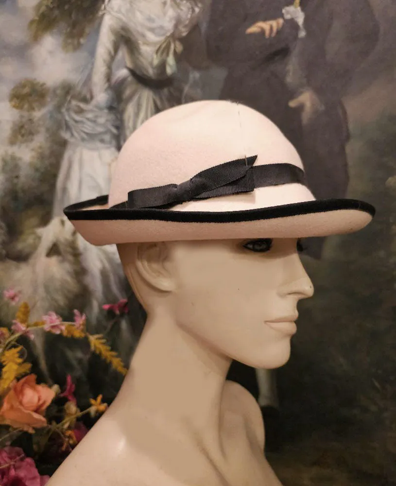 Vintage Bemar New York Ivory Felt and Black Grosgrain Ribbon Bowler Hat with Bow