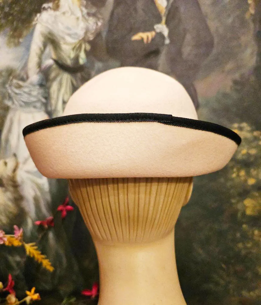 Vintage Bemar New York Ivory Felt and Black Grosgrain Ribbon Bowler Hat with Bow