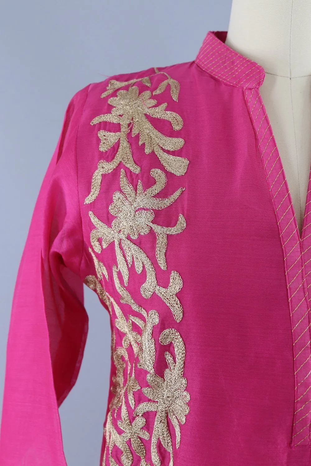 Vintage Indian Kurta Caftan Tunic Dress / Pink Embroidered Cotton Organdy