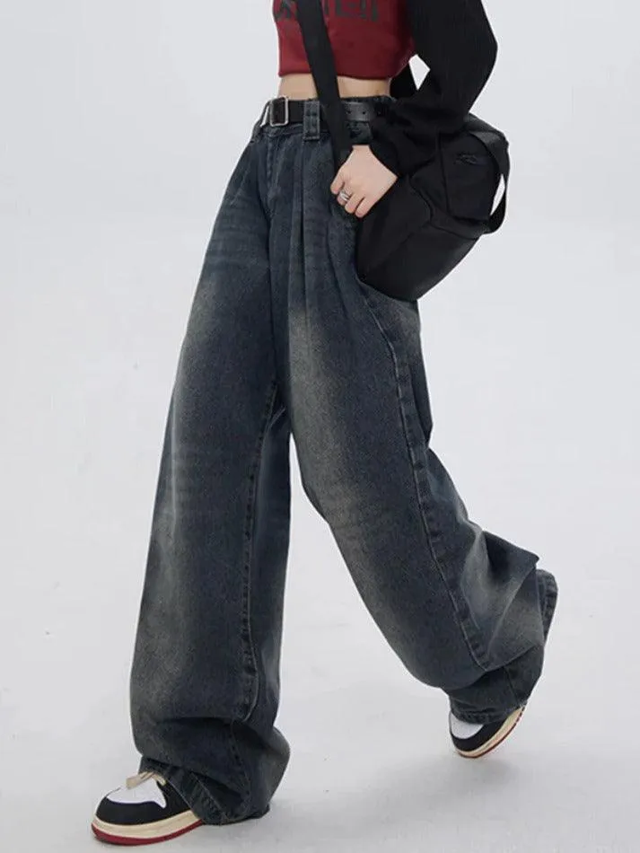 Wenkouban Dark Vintage Washed High Waist Boyfriend Jeans