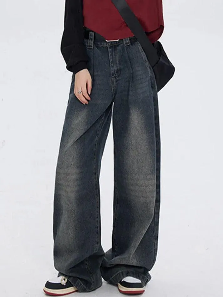 Wenkouban Dark Vintage Washed High Waist Boyfriend Jeans