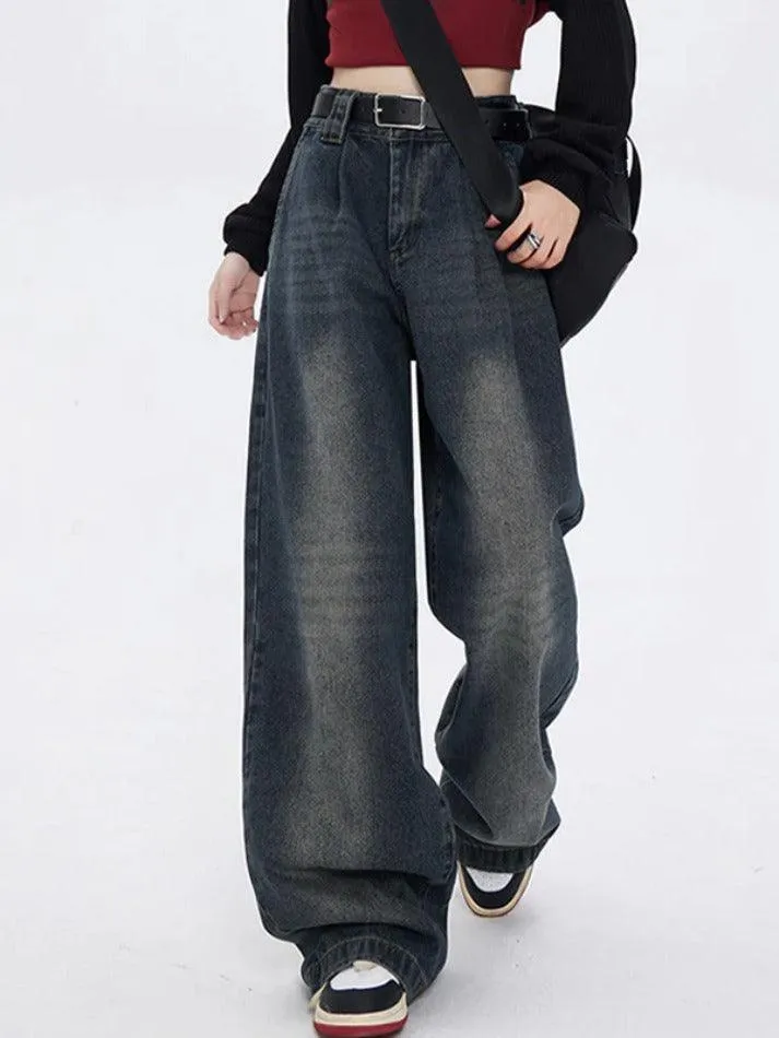 Wenkouban Dark Vintage Washed High Waist Boyfriend Jeans