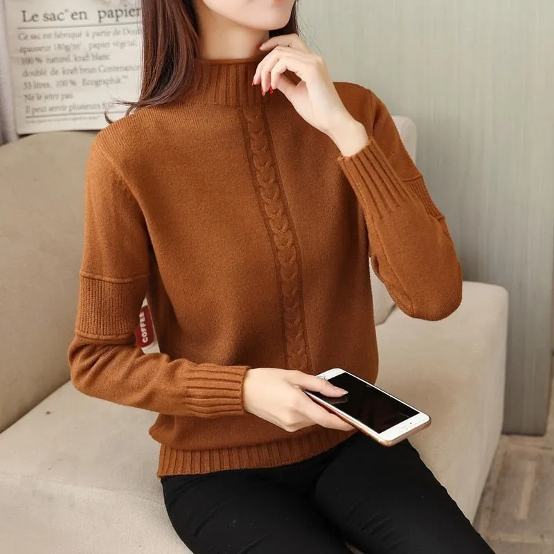 Wenkouban PEONFLY Korean Style Turtleneck Sweater Women Solid Elastic Knitted Soft Pullover Sweater Female Fashion Pullovers Jumper